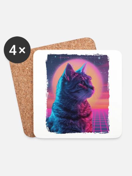 Funny Cute Retro Cat Animal 80s Neon Sun Fat Cat - Coasters (set of 4) - white