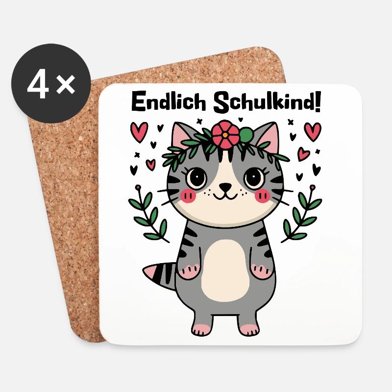 Endlich Schulkind - Mit der Katze in die Schule - Untersetzer (4er-Set) - Weiß