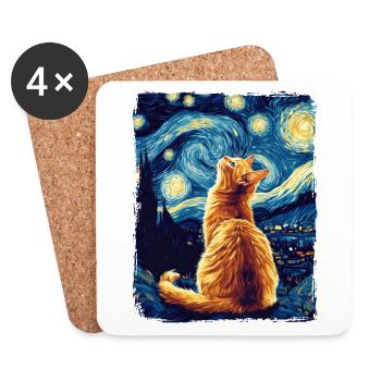 Orange Cat Animal Starry Night Painting Van Gogh - Coasters (set of 4) - white - Front
