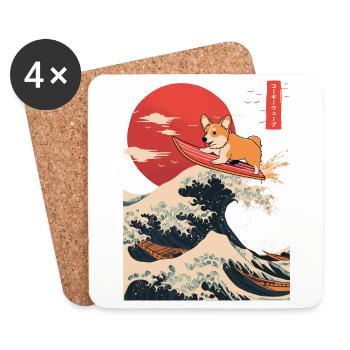 Corgi Hund Hund Tier Japanisch Surfen Strand Welle - Untersetzer (4er-Set) - Weiß - Vorne