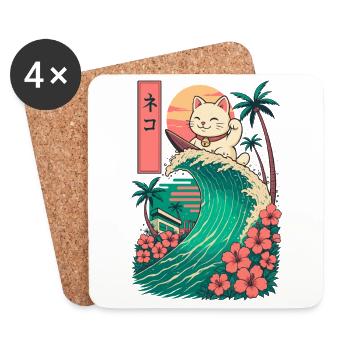Katze Katze Tier Japanisch Surfen Blume Sonnenuntergang - Untersetzer (4er-Set) - Weiß - Vorne