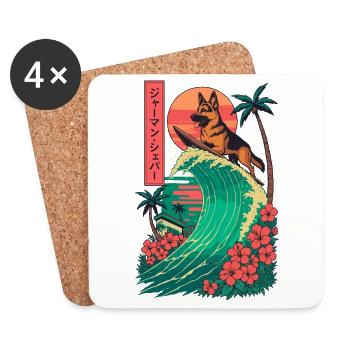 German Shepherd Dog Animal Japanese Surfing Flower - Coasters (set of 4) - white - Front
