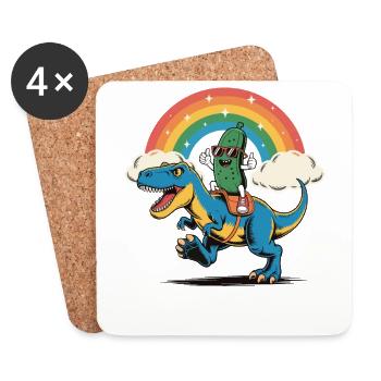Pickle Cucumber Riding A Dinosaur Rainbow Cartoon - Coasters (set of 4) - white - Front