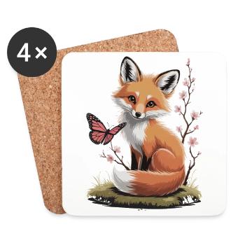 Cute Fox Animal Sitting Butterfly Blossoms Nature - Coasters (set of 4) - white - Front