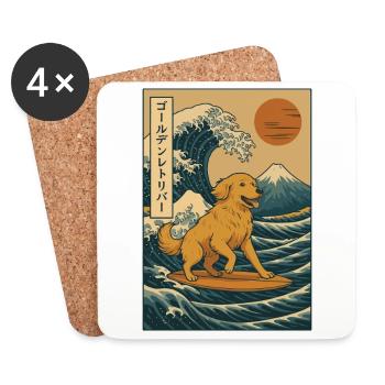 Golden retriever chien surfant vague style japonais - Dessous de verre (lot de 4) - blanc - Devant