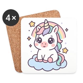 Kawaii Unicorn on Cloud with Rainbow Stars - Coasters (set of 4) - white - Front