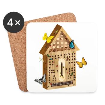 Wood look insect hotel with insects illustration - Coasters (set of 4) - white - Front