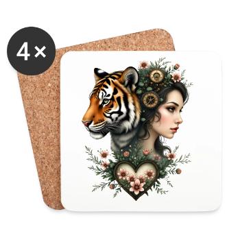 Femme mystique avec tigre et engrenages - Dessous de verre (lot de 4) - blanc - Devant