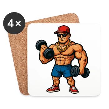 Bodybuilder with gold chain and dumbbells - Coasters (set of 4) - white - Front