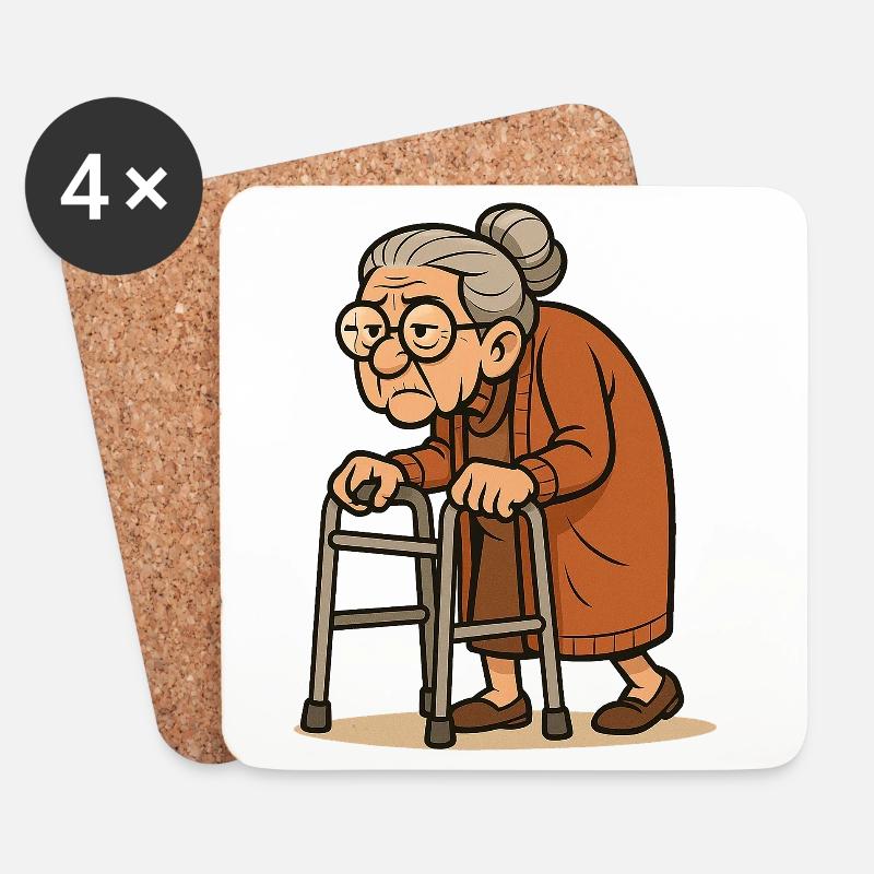 Humorvolle Seniorin mit Rollator Illustration - Untersetzer (4er-Set) - Weiß