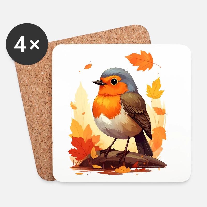 Rotkehlchen im Herbst - Untersetzer (4er-Set) - Weiß