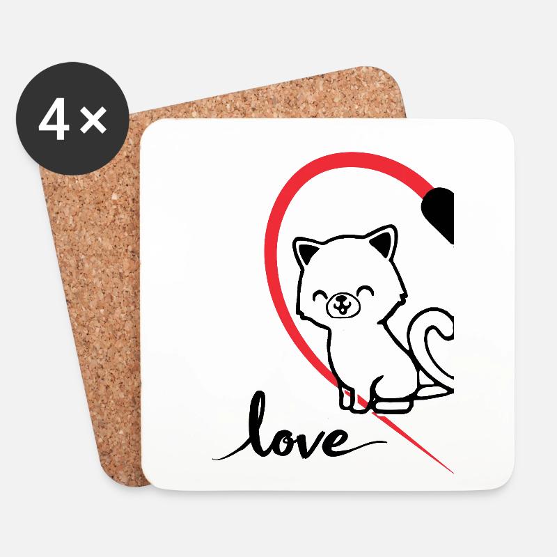 Katze mit der Aufschrift Liebe halbes Herz - Untersetzer (4er-Set) - Weiß