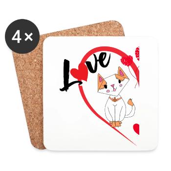 Katze mit der Aufschrift Liebe halbes Herz - Untersetzer (4er-Set) - Weiß - Vorne