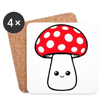 Champignon Heureux Mignon Visage Souriant Kawaii - Dessous de verre (lot de 4) - blanc - Devant
