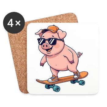Funny Pig Skating on Skateboard Cartoon Skater - Coasters (set of 4) - white - Front