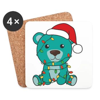Weihnachtsbär Mit Weihnachtsmütze Und Lichtern - Untersetzer (4er-Set) - Weiß - Vorne