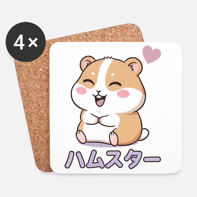Kawaii Hamster Herzglück - Untersetzer (4er-Set) - Weiß