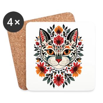 Tête de chat Folkart avec des fleurs - Dessous de verre (lot de 4) - blanc - Devant