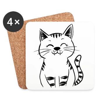 Minimal Smiling Cat Line Art – Happy Kitty - Coasters (set of 4) - white - Front