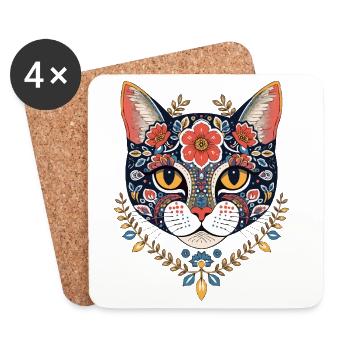 floraler Katzenkopf Kunstdesign - Untersetzer (4er-Set) - Weiß - Vorne