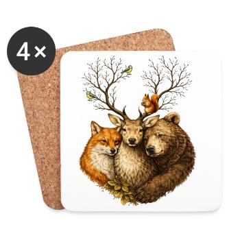 Waldtiere vereint – Hirsch Fuchs Bär Illustration - Untersetzer (4er-Set) - Weiß - Vorne