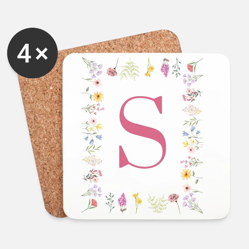 Initial S Floral Monogram - Coasters (set of 4) - white