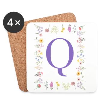 Monogramme « Q », initiales florales - Dessous de verre (lot de 4) - blanc - Devant
