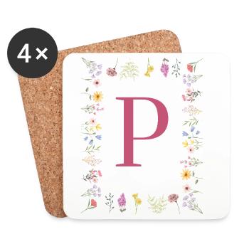 Initiales florales « P », monogramme de lettres - Dessous de verre (lot de 4) - blanc - Devant