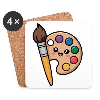 Pinceau de peintre et palette de peintures - Dessous de verre (lot de 4) - blanc - Devant