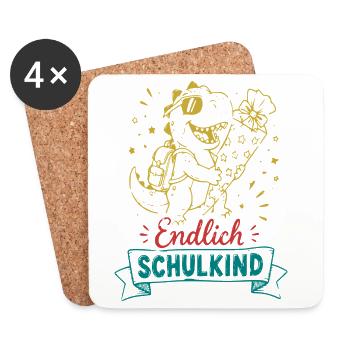 Endlich Schulkind Dino mit Blume - Untersetzer (4er-Set) - Weiß - Vorne