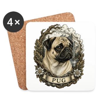 Pug in vintage style with mountain landscape - Coasters (set of 4) - white - Front