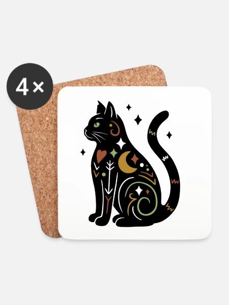 Magische Katze - Schwarz Bunt mit Sternen - Untersetzer (4er-Set) - Weiß