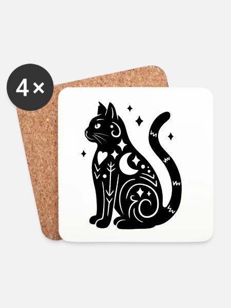 Magische Katze - Schwarz mit Sternen - Untersetzer (4er-Set) - Weiß