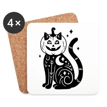 Halloween Katze Kürbiskostüm - SW mit Sternen - Untersetzer (4er-Set) - Weiß - Vorne
