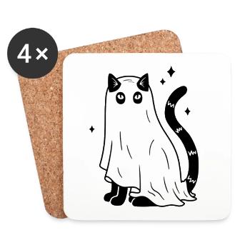 Halloween Katze Gespenst - SW mit Sternen - Untersetzer (4er-Set) - Weiß - Vorne