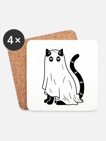 Halloween Katze Gespenst - SW - Untersetzer (4er-Set) - Weiß
