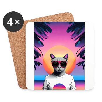 Synthwave Cat - Dessous de verre (lot de 4) - blanc - Devant