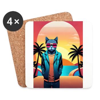 Synthwave Cat - Dessous de verre (lot de 4) - blanc - Devant