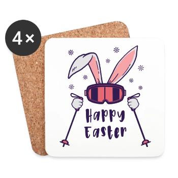 Happy Easter from Skiing Rabbit with ski poles - Coasters (set of 4) - white - Front