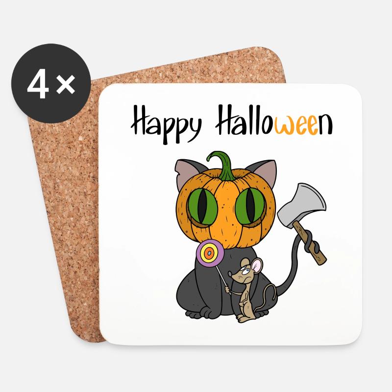 Halloween-Katze - Untersetzer (4er-Set) - Weiß