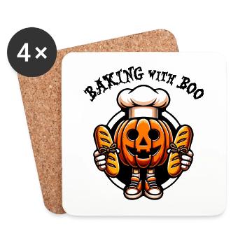 Halloweenkürbis mit Bäckermütze und Broten - Untersetzer (4er-Set) - Weiß - Vorne