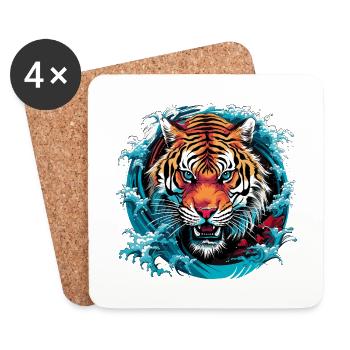 Asiatisch Tiger Anime Japanisch Meer Wellen - Untersetzer (4er-Set) - Weiß - Vorne
