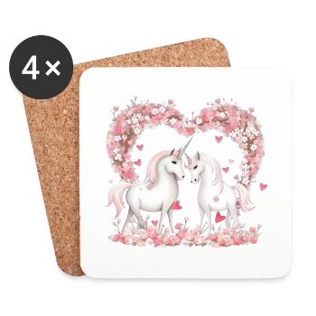 Niedlilches Einhorn Paar mit Blumenherz - Untersetzer (4er-Set) - Weiß - Vorne