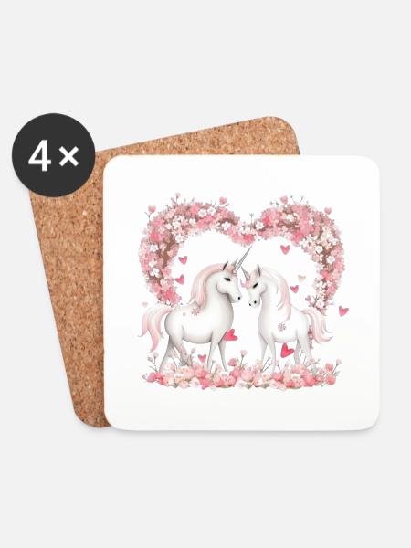 Niedlilches Einhorn Paar mit Blumenherz - Untersetzer (4er-Set) - Weiß