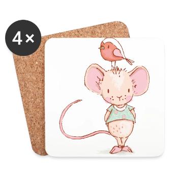 Maus mit Vogel - Untersetzer (4er-Set) - Weiß - Vorne
