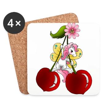 Poney fée sur cerise avec des fleurs de cerisier - Dessous de verre (lot de 4) - blanc - Devant