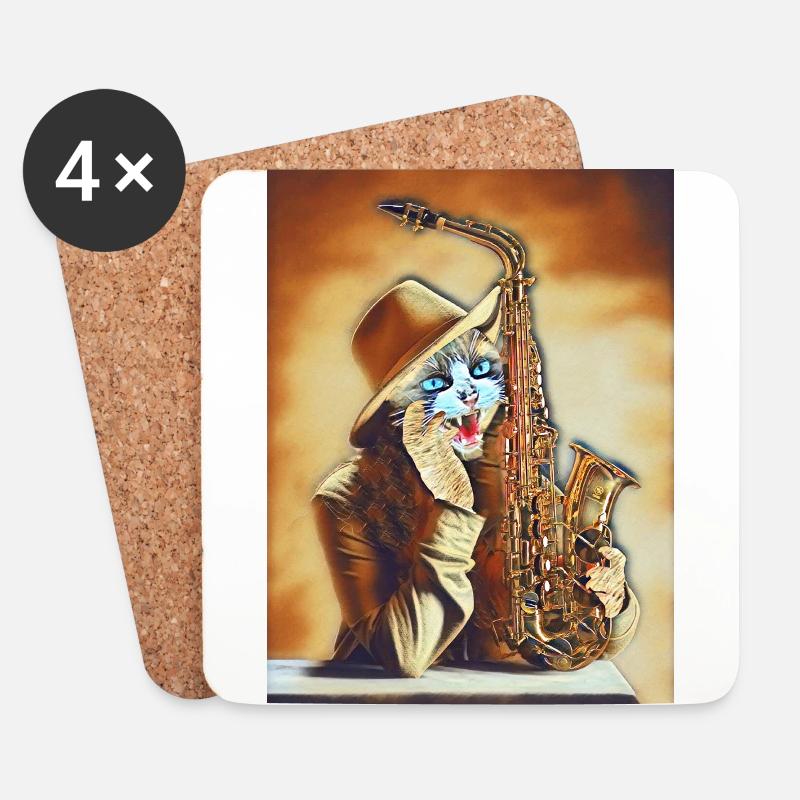 Katze spielt Saxophon - Untersetzer (4er-Set) - Weiß