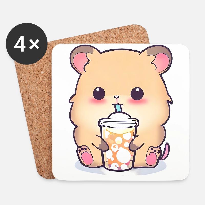 Kawaii Hamster mit Bubble Tea - Untersetzer (4er-Set) - Weiß