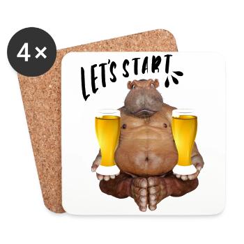 Comic, Nilpferd mit 2 Biergläsern in jeder Hand - Untersetzer (4er-Set) - Weiß - Vorne