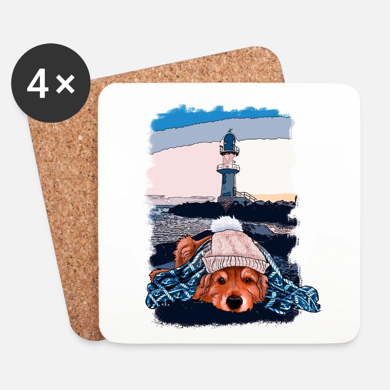 Hund am Leuchtturm Herbst - Untersetzer (4er-Set) - Weiß